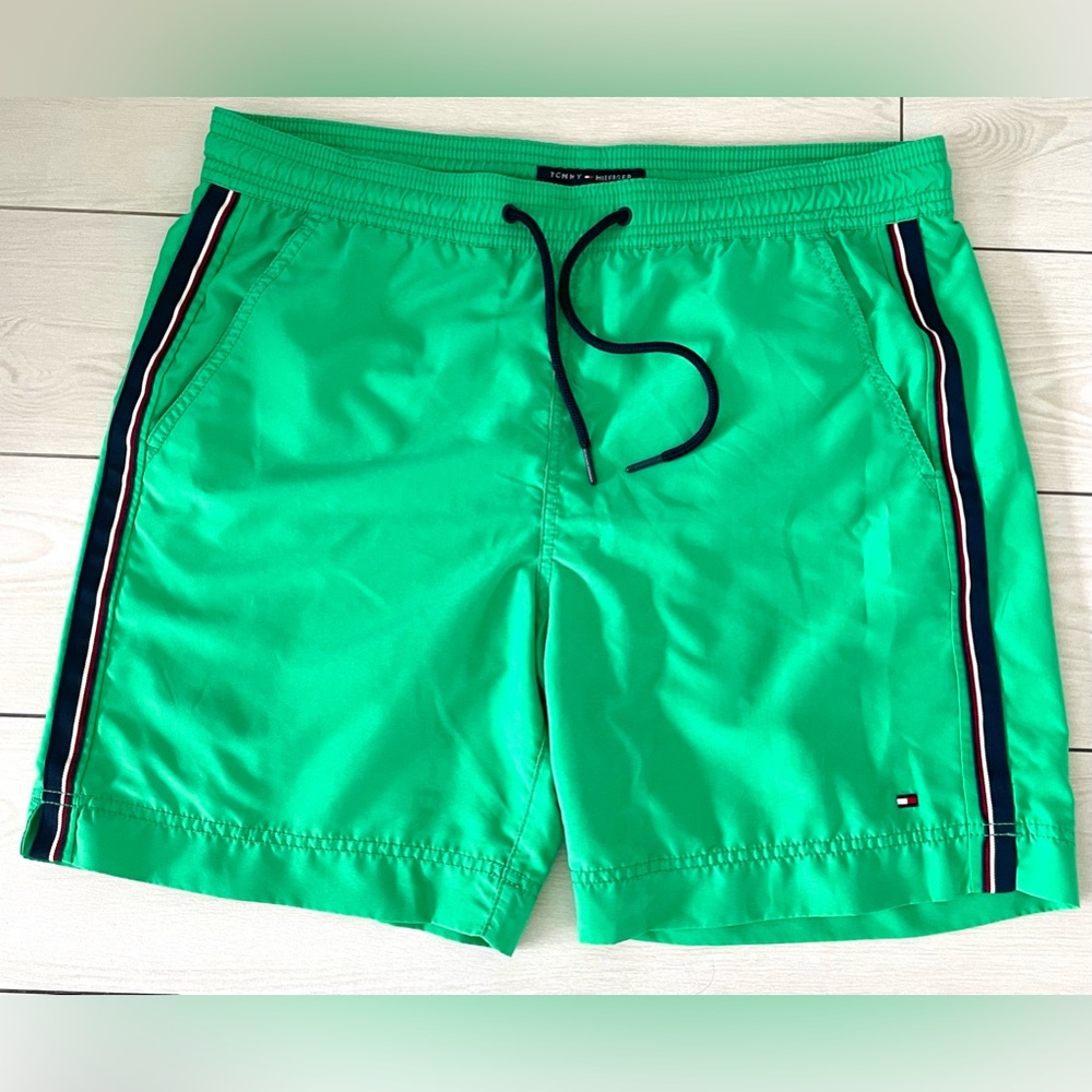 Tommy Hilfiger green swim trunks with navy stripe‎ down the side men’s size M